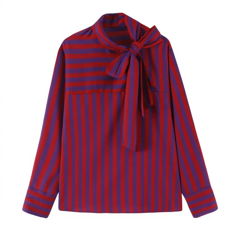 HipSeam Women's Striped Blouse With Bow New 2026 Autumn Simple High Collar Long Sleeves Woman Shirts Female Shirts & Blouses