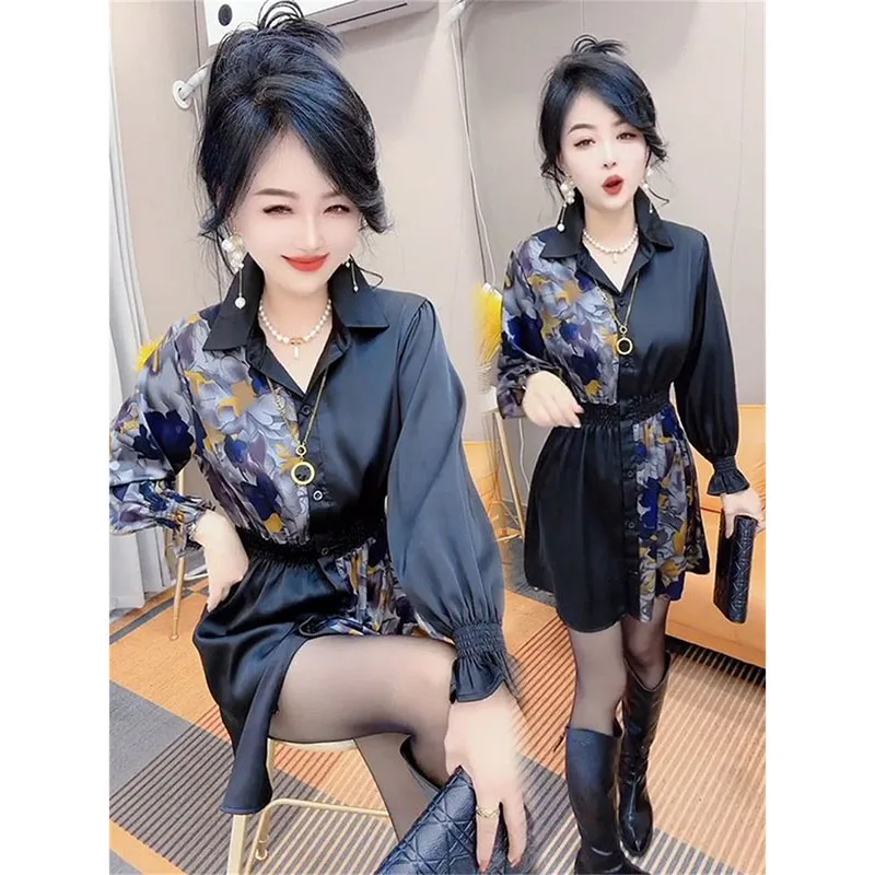 블랙 패션 프린팅 드레스 여성 2025 봄 여름 신상 드레스 허리 스티칭 컬러 싱글 버튼 셔츠 코트 탑 여성