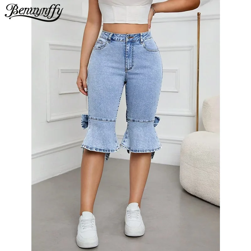 Benuynffy Fashion 2000s Retro Bow Flared Jeans Women's Summer Mid Waisted Slim Casual All Match Female Denim Half Pants