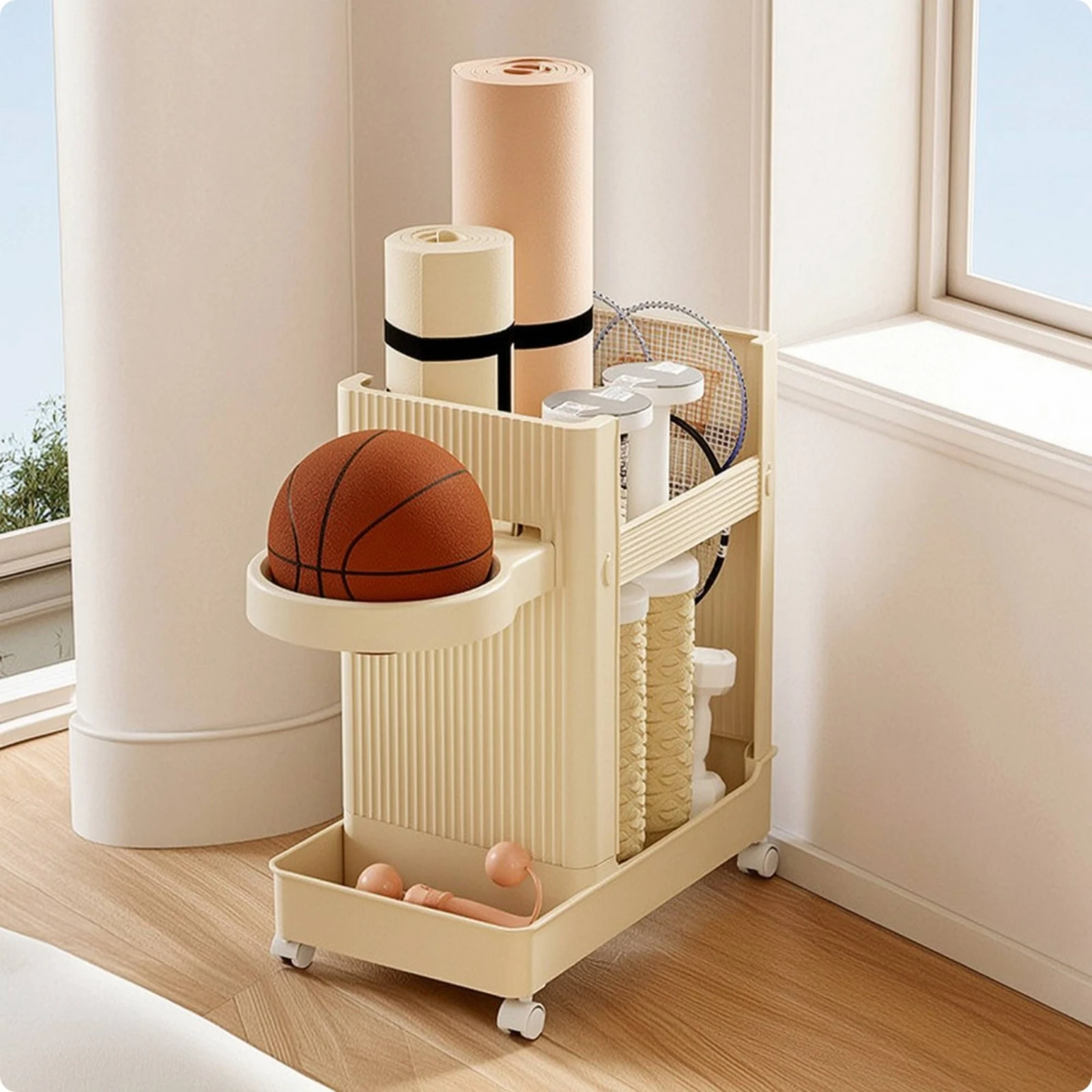 Sports Equipment Storage Cart Wheeled Sports Equipment Organizer with Wheels Ball Rack with Wheels Multi-Tiered Open-Frame
