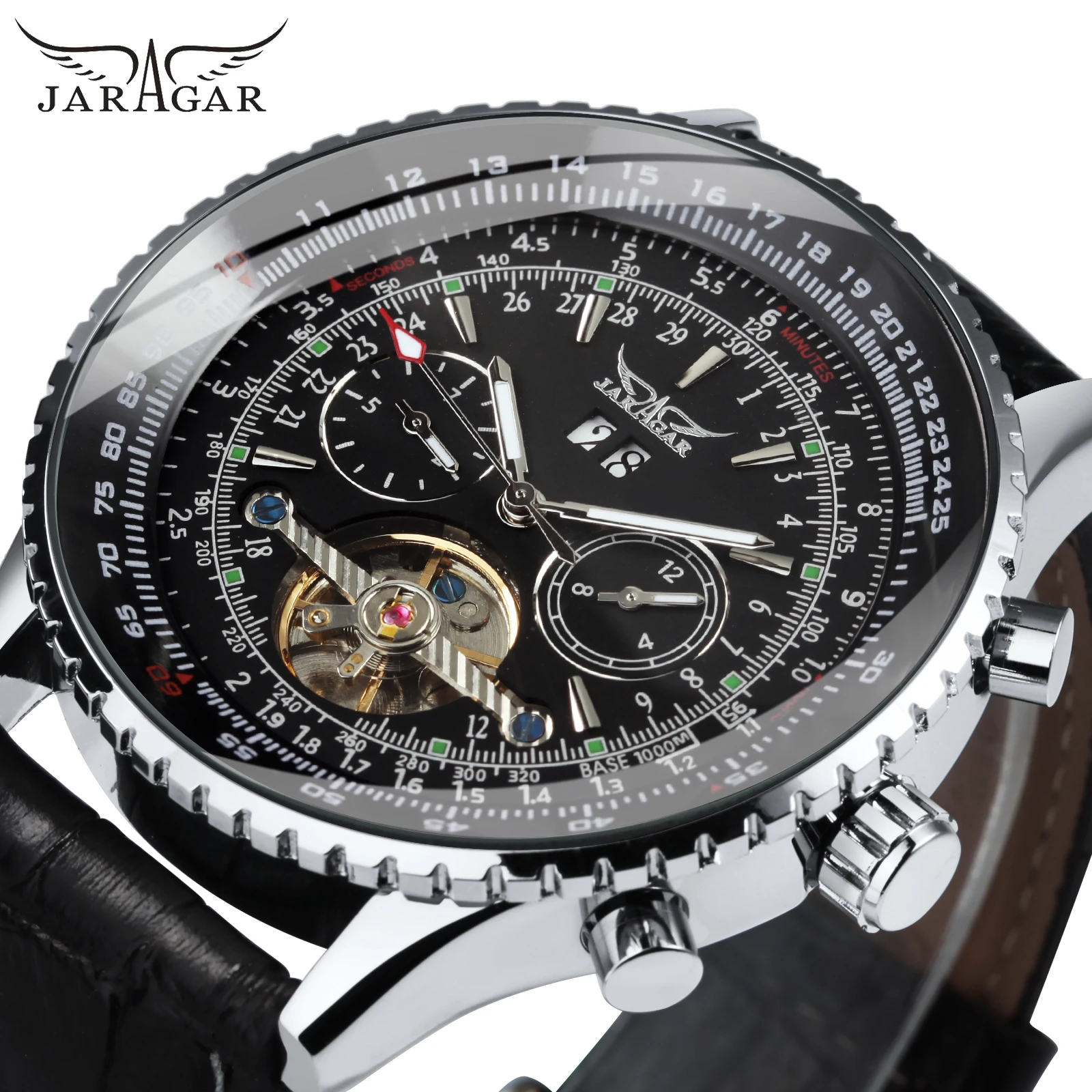 

Jaragar Sports Tourbillon Mechanical Watches Calendar Window Fashion Skeleton Automatic Mens Watch Luxury Leather Steel Strap