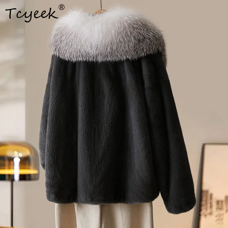 

Tcyeek Natural Mink Fur Coat Woman Clothes Winter Jacket Women Whole Mink Real Fur Coats Fox Fur Collar Fashion Шуба Женская