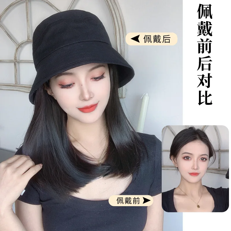 Synthetic Long Bob Wig Hat Fashion Bucket Hat Natural Looking Hair for Women Autumn Spring Daily Wear Casual Style