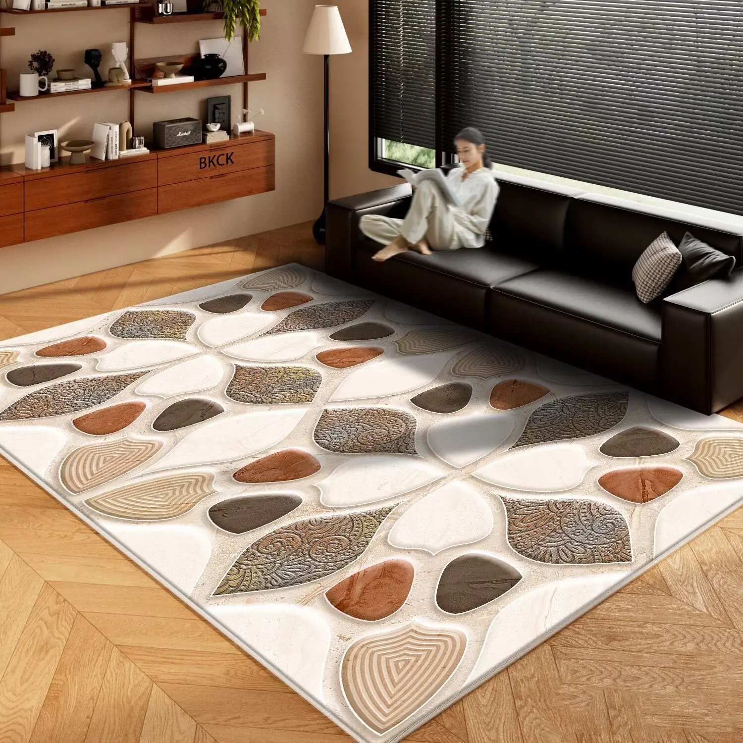 Relief Style Carpet With Organic Shape Motif Soft Touch Surface Non Slip Base For Bedroom Lounge Use
