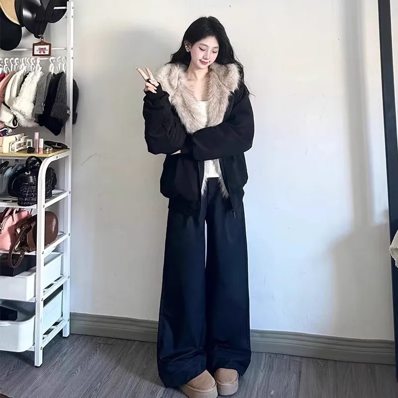 2025 겨울 블랙 퍼 칼라 이글 캣 이어 커플 코튼 패딩 재킷 남녀 두꺼운 따뜻한 파카 코트 스트리트웨어