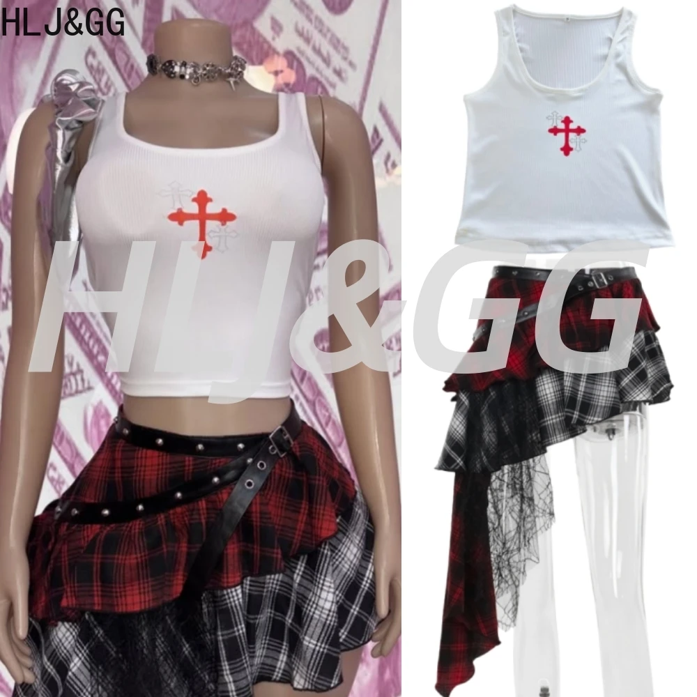 

HLJ&GG Fashion Plaid Print Irregular Skirts Two Piece Sets Women Sleeveless Slim Crop Tank Top And Skirts Outfits Y2K Streetwear