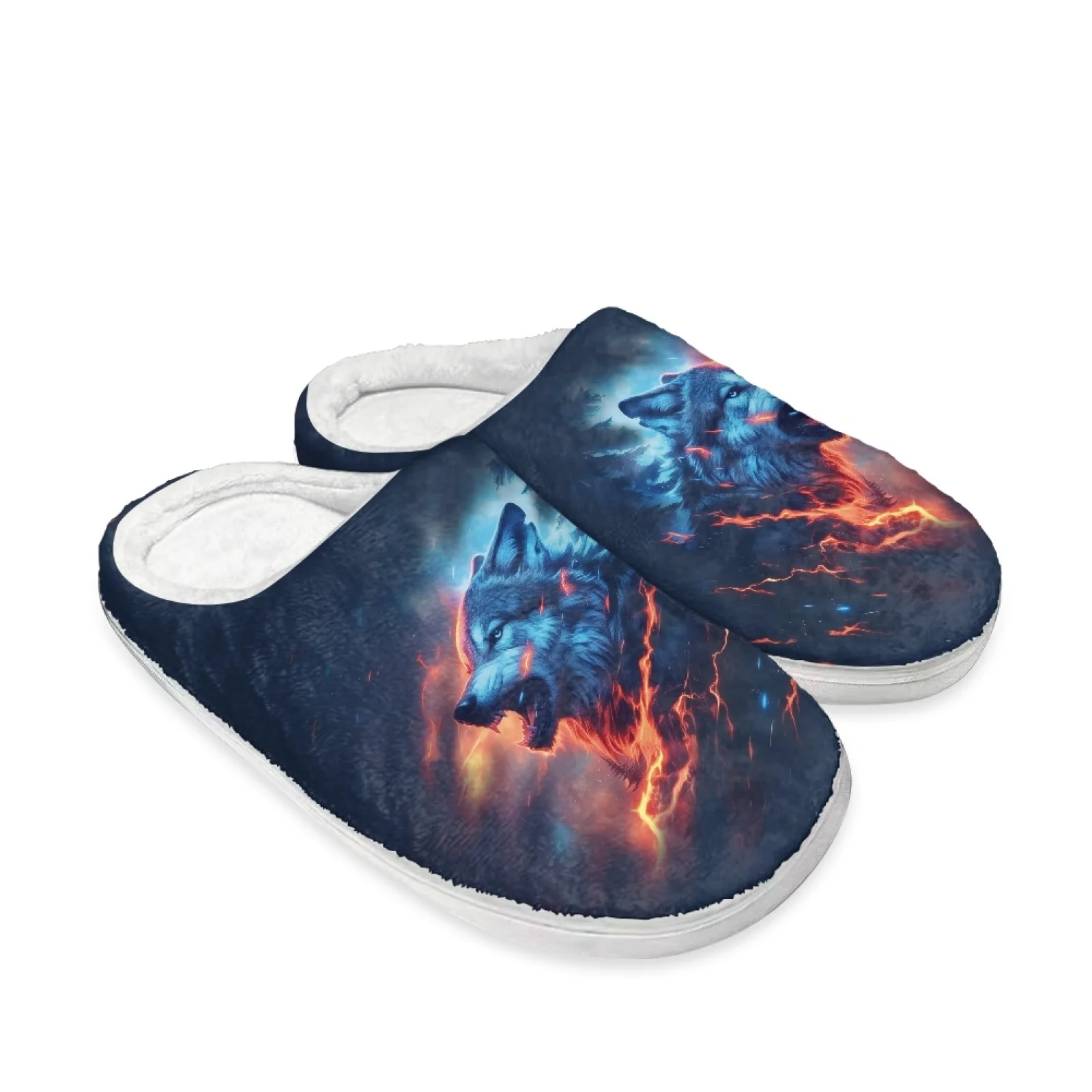 PENSTROLL Fire Wolf Pattern Large Size Fuzzy House Shoes Women Heavy Duty Warm Indoor Slippers Fleece Slippers for Bedroom