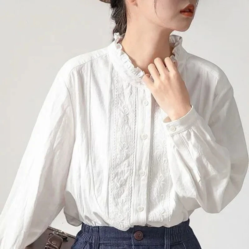 

Cotton white shirt loose long sleeved women's spring new style Japanese college style apricot lotus leaf collar embroidered top