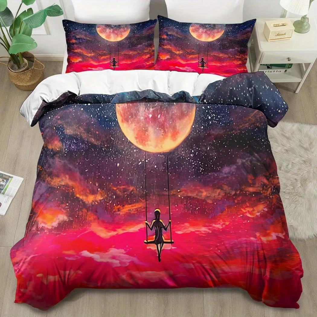 Velvet Duvet Cover Set S Starry Sky Theme Bedding Set, Galaxy Print Bedding Set, Fantasy Starry Sky Pattern Duvet Cover, 100% Polyester, Machine Washable, Suitable for All Seasons