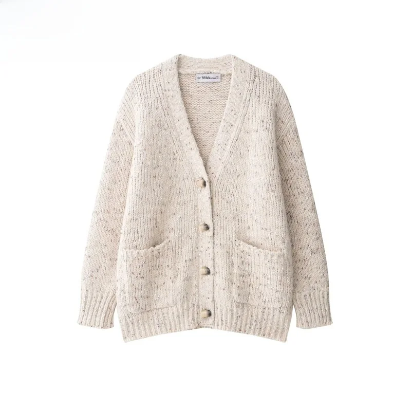 

ZBZR Autumn New Women's Loose Knitted Long Sve V-Ne Small Polka Dot Outerwear Casual Sli Polyester Fiber Coat