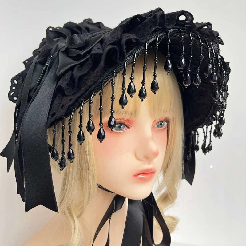 1pc Lolita Gothic Dark Headpiece Hat Black Pearl Tassel Lace Black Rose Feather Photo Prop Cosplay Headdress Hair Accessories