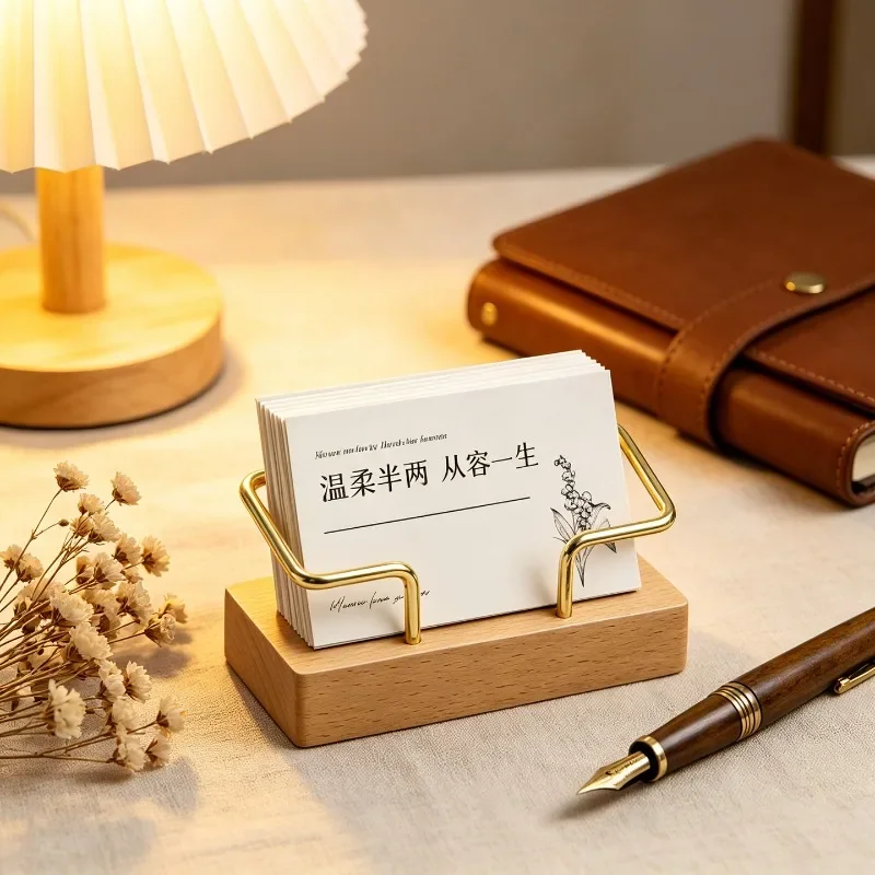 Wooden business card box display stand solid wood high-end metal business card holder portable business card storage box