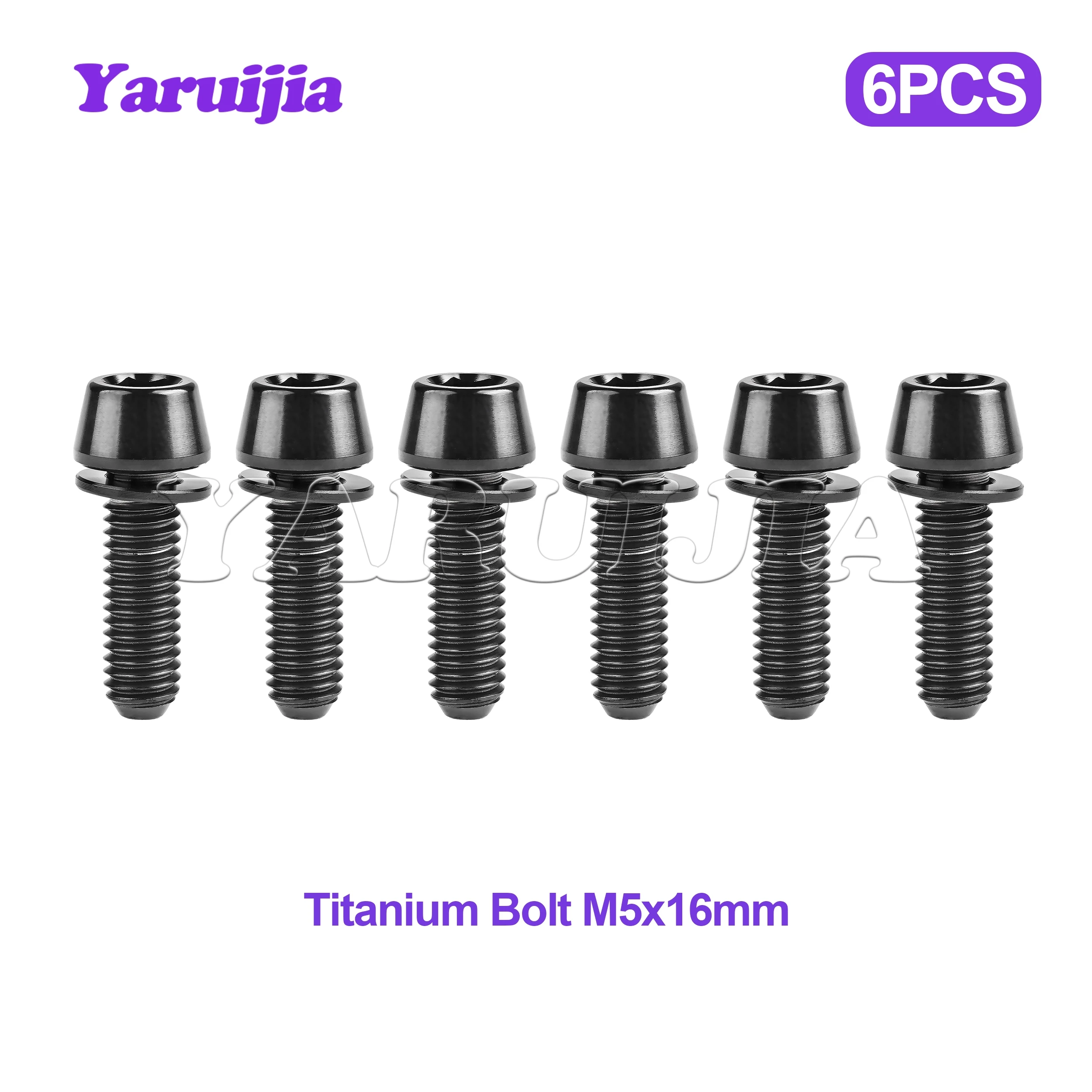 Yaruijia 6Pcs Titanium Alloy M5x16mm Black Color Hex Taper  Head Bolt with Washer for Bicycle Stem