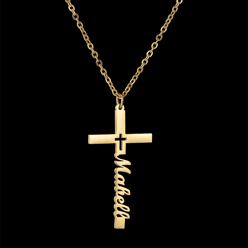 Goxijite Custom Name Necklace Customized Chains Stainless Steel Cross Necklaces Jewelry For Women Personalized Blessing Gift