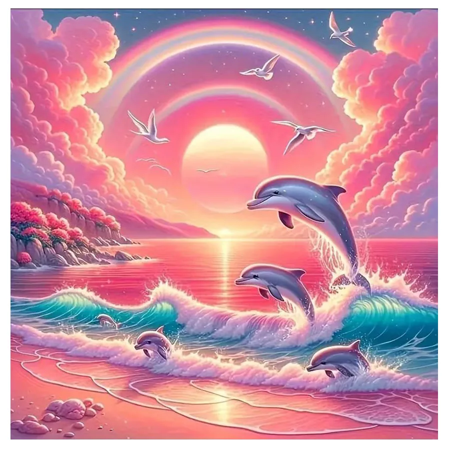 Dolphin Diamond Art Kits for Adults- Beach 5D Diamond Painting Kits for Adults Beginners,DIY Full Drill Diamonds Landscape Gem A