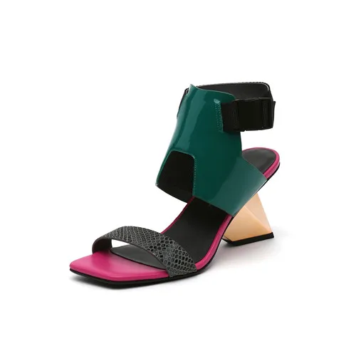 Sandals women 7.5cm unique high heels jelly mixed colors peep toe summer buckle strap fashion women shoes green HL207 MUYISEXI