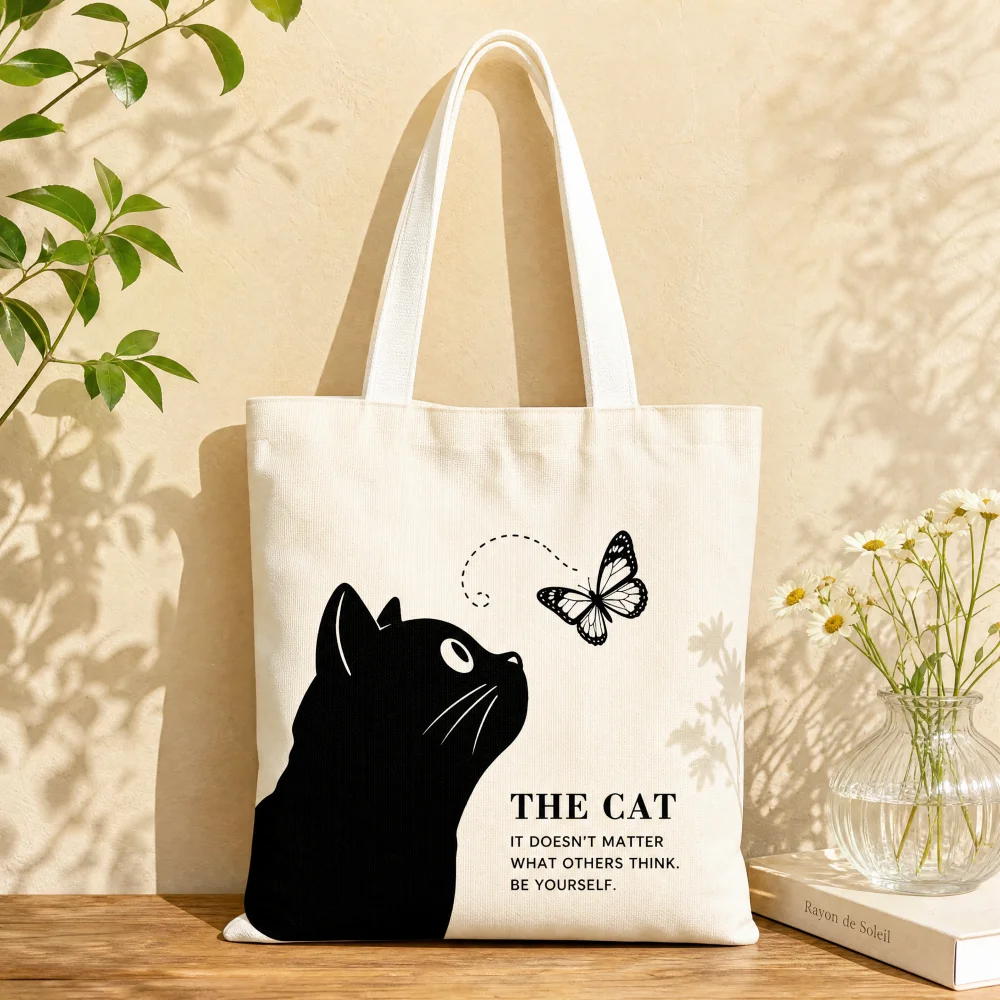 Black Cat & Butterfly Silhouette Canvas Tote Bag, Inspirational Quote Print Shoulder Bag for Women Shopping