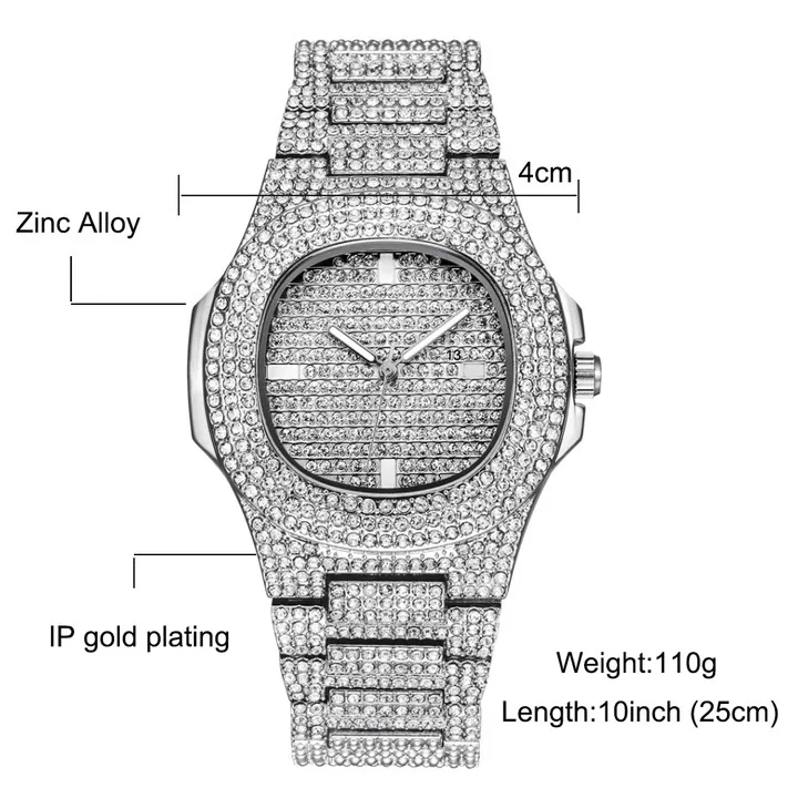 Men Women Hip Hop 16mm Iced Out Crystal Cuban Chain Necklace+Bracelet Set With Variety Of Styles Personality Rhinestone Watch