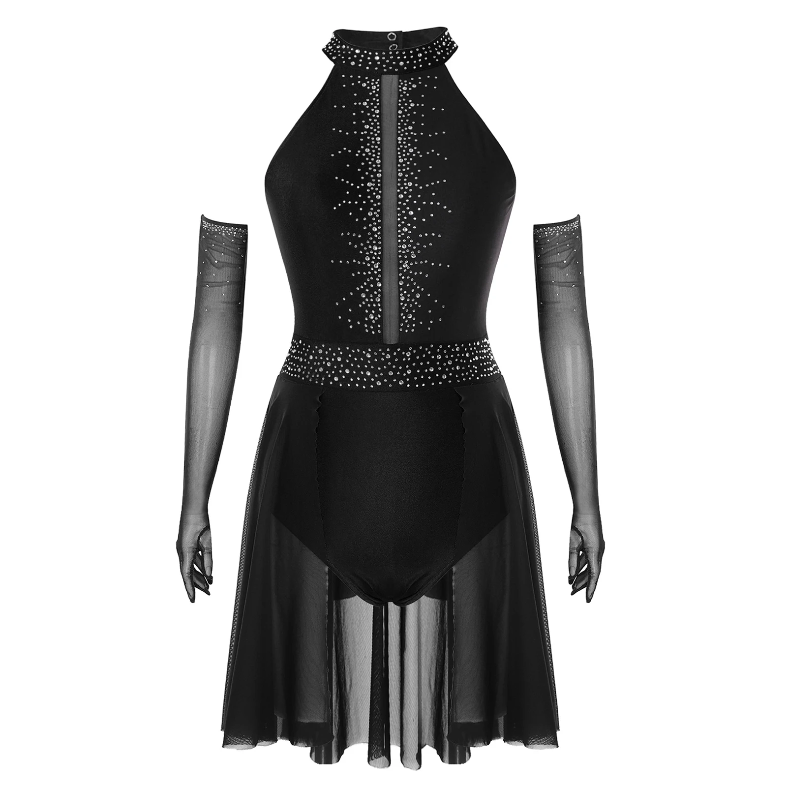 

Womens Latin Dance Costume Back Cut Out Contrast Color Leotard Dress And Long Gloves Dance Costume Chacha Latin Dancewear