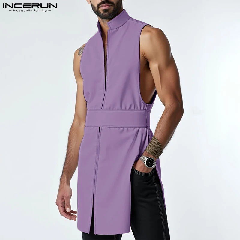 

Men Tank Tops Solid 2025 Stand Collar Sleeveless Long Style Tops Steeetwear Male Vests Open Stitch Cardigan With Belt INCERUN