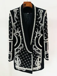 HIGH STREET Newest 2024 Designer Fashion Women's Shawl Collar Stunning Diamonds Pearls Beaded Blazer Dress