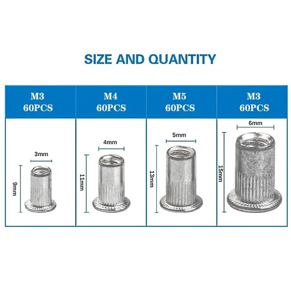 240PCS Assorted Rivet Nut Aluminum Rivnut Flat Head Threaded Rivet Insert Nutsert Cap Rivet Nut M3/M4/M5/M6 Kit