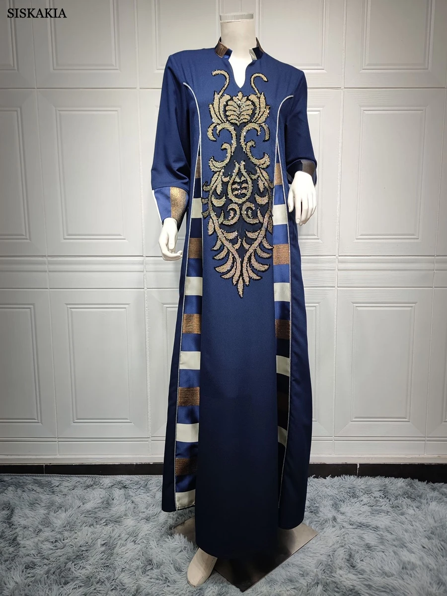 Elegant Casual Floral Embroidery Patchwork Long Dresses Vintage Contrast Color Kaftan Ramadan Gulf Abayas For Women