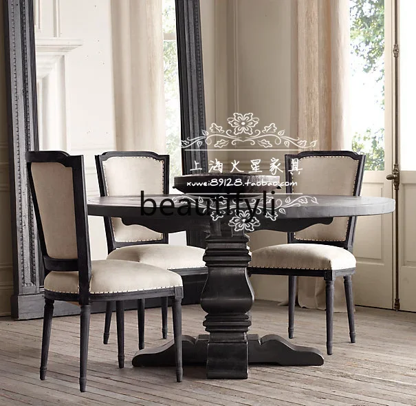 

A55 French solid wood dining table and chair combination American old retro square back chair furniture round table