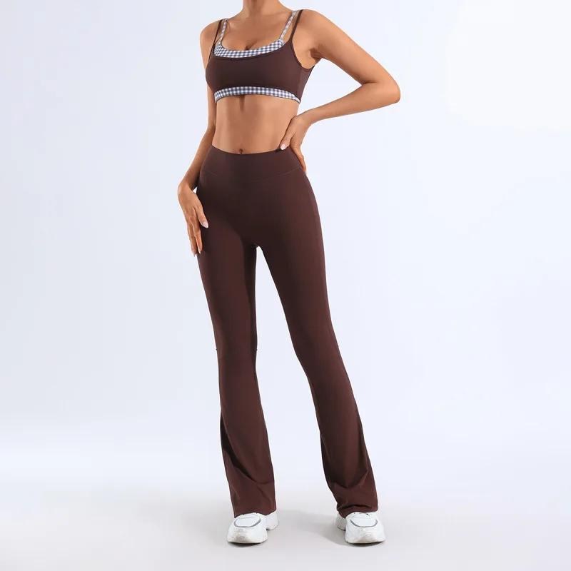 Women 2 Piece Yoga Outfit Fake Two Piece Plaid Sports Bra High Waist Flare Leggings Soft Nude Feel  workout clothes for women