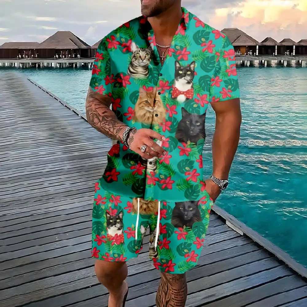 Set hawaiani Palm Tree Cute Dog Cats Button Shirts Shorts Summer Florals Colors Beach Hipster Streetwear tuta apparel uomo