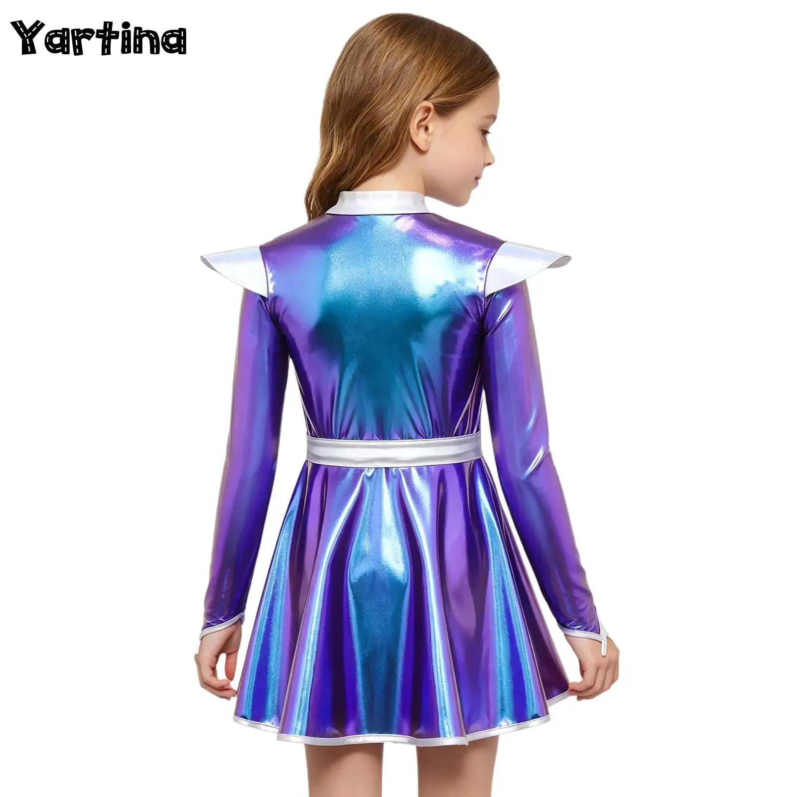 

Girls Shiny Metallic Outer Space Cadet Alien Robot Astronaut Cosplay Costume Long Sleeves Zip Up A-line Alien Dress with Belt
