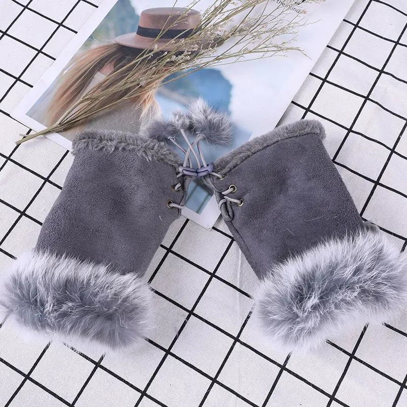 1 Pair New Fashion Faux Rabbit Hair Gloves Suede Leather Fingerless Soft Stretch Gloves Women Girls Winter Thicken Warm Mittens