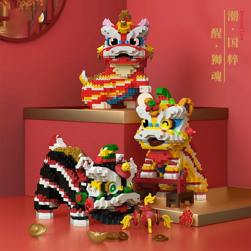 Chinese tide lion Dragon flying four seas New Year gift compatible with LEGO building blocks children's puzzle piece toys