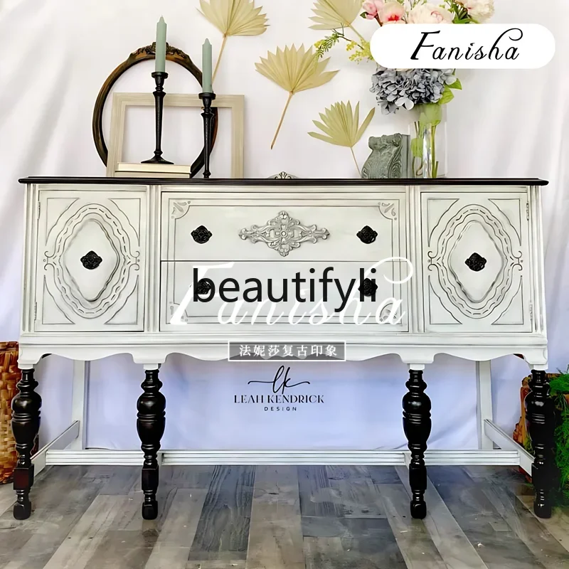 

A139 French antique white old dining side cabinet American solid wood entrance retro style living room decorative cabinet