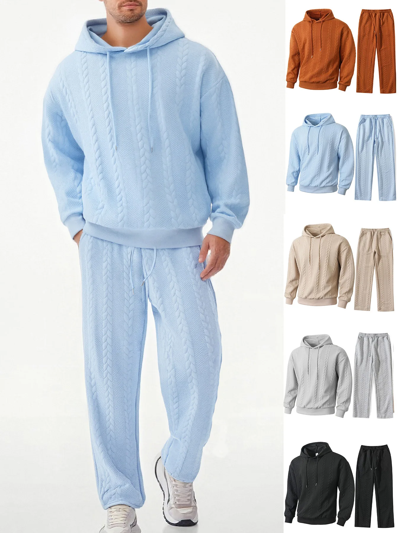 

Men's New Arrival Jacquard Solid Color Daily Casual Versatile Hooded Sweatshirt and Pants Set, Fashionable Outdoor Wear