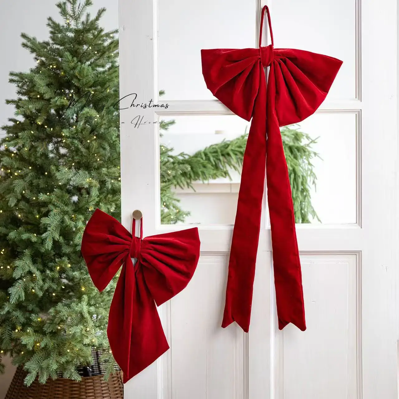 Extra Large 50/90cm Christmas Red Bowtie Ribbon for Home Office Decorations Flannel Fabric Pendants Xmas New Year Tree Decors