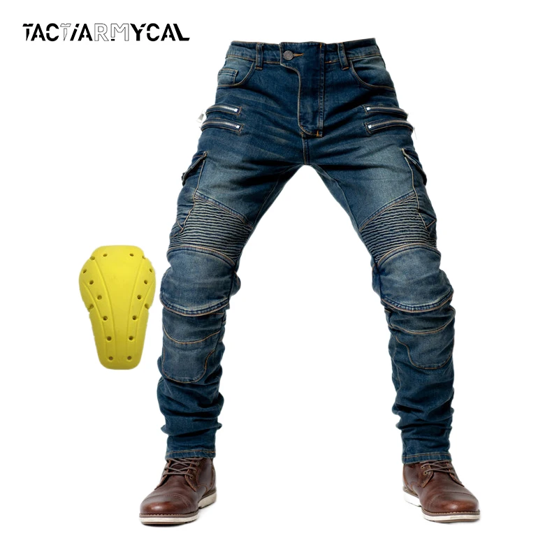 Motorcycle Riding Jeans Men Multi-Pockets Riding Pants with Knee Pads Casual Denim Trousers Solid Fashion Cargo Pant Biker New