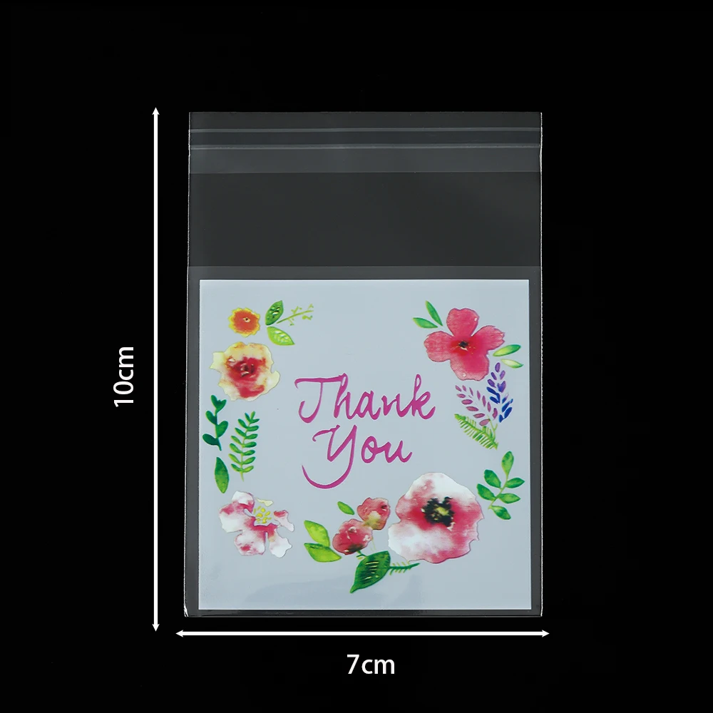 100pcs/lot Plastic Transparent Bag Thank You Flower Pattern Self-Adhesive Bags Jewelry Retail Food Storage DIY Packaging Pouches