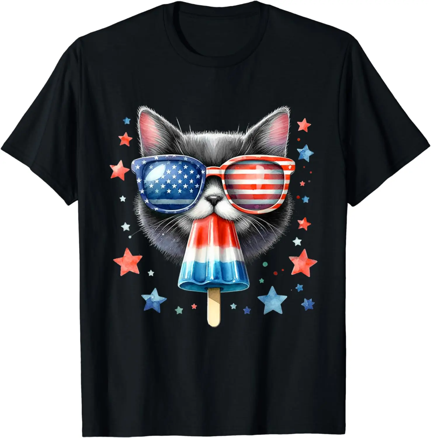 Cute Cat Popsicle 4th of july Ice cream Cat American Flag T-Shirt