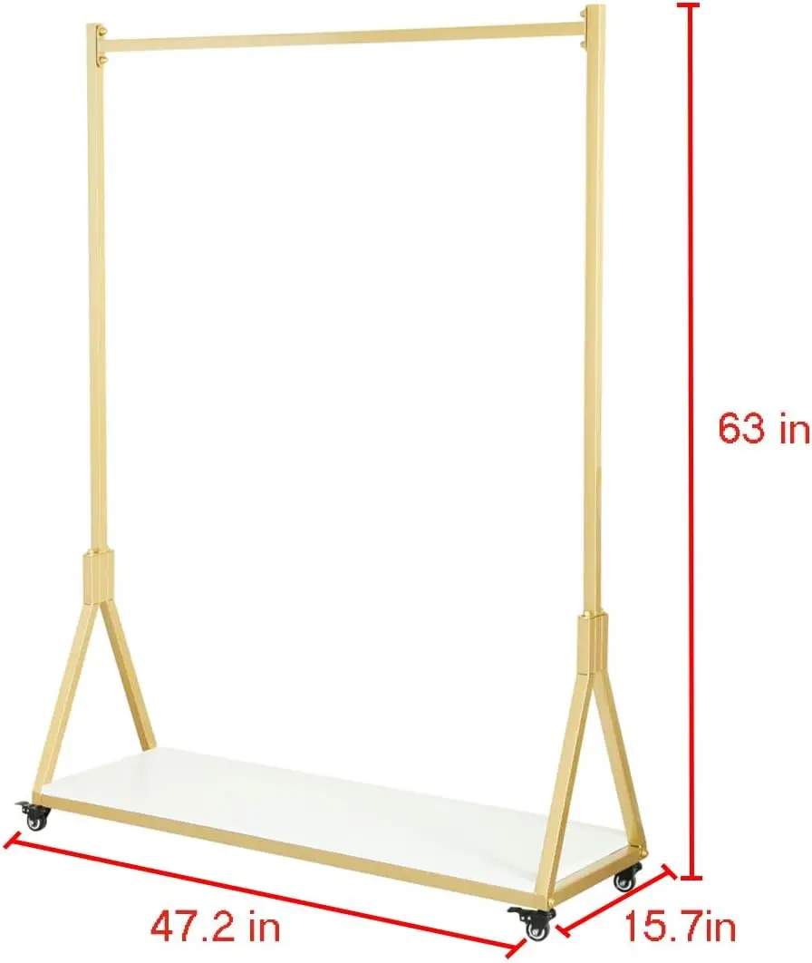 Gold Square Tube 47.2 Inch Wide Modern Metal Rolling Garment Rack with Wooden Accent, Freestanding Single Rod Clothing Display Rack with Wheels, Retail Dress & Apparel Hanging Shelf