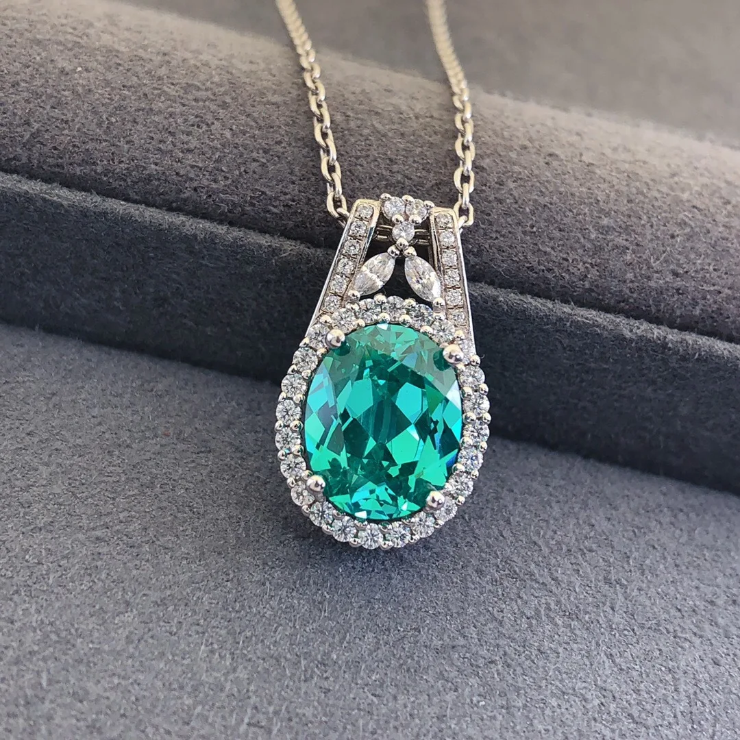 Women's 3 Carat Simulated Diamond Necklace, PT950 Platinum Oval Blue Stone, Dainty Unique Collarbone Jewelry