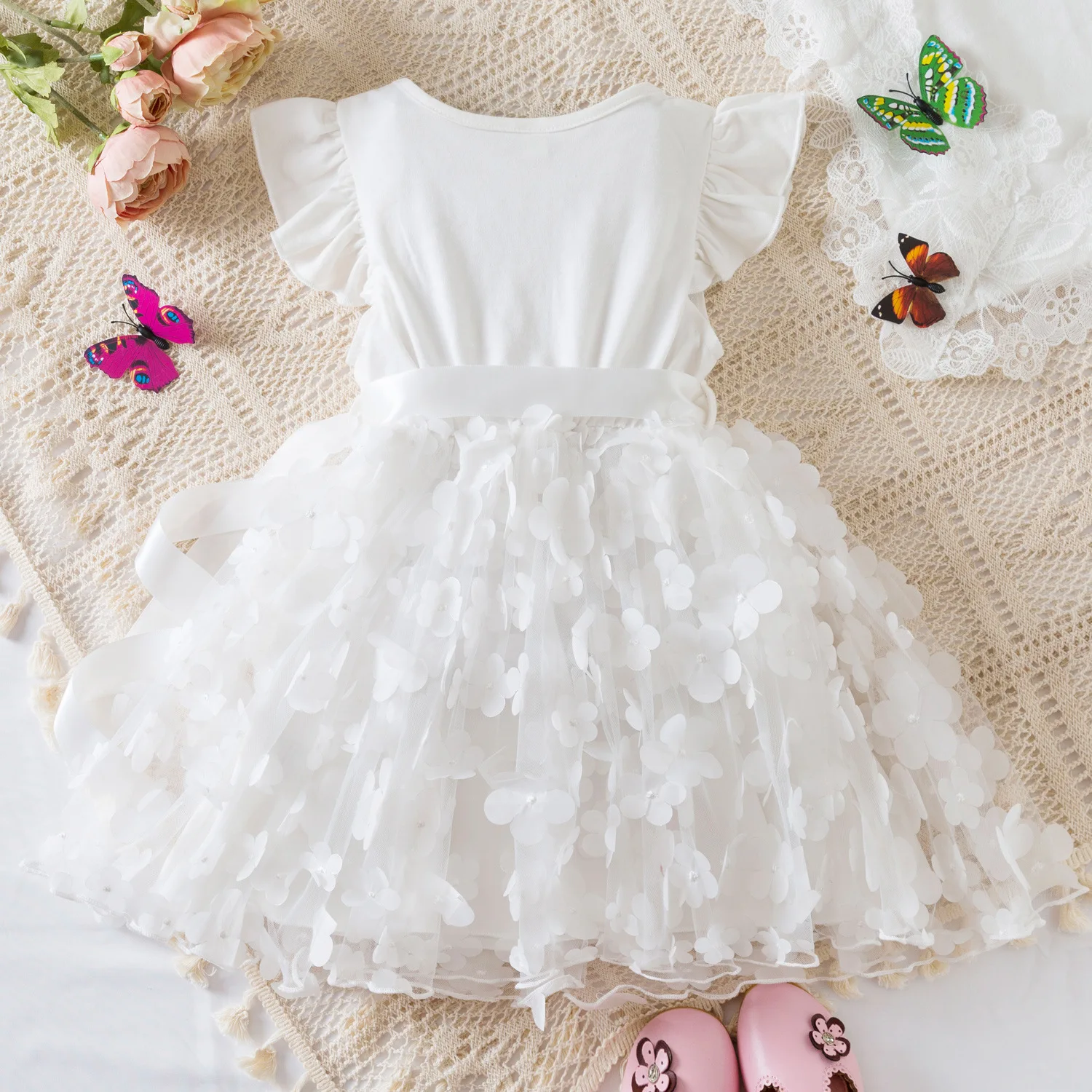 Fiona Toddler 1-6 Years Toddler Little Girls Flutter Sleeves 3D Flower Girls Summer Dress