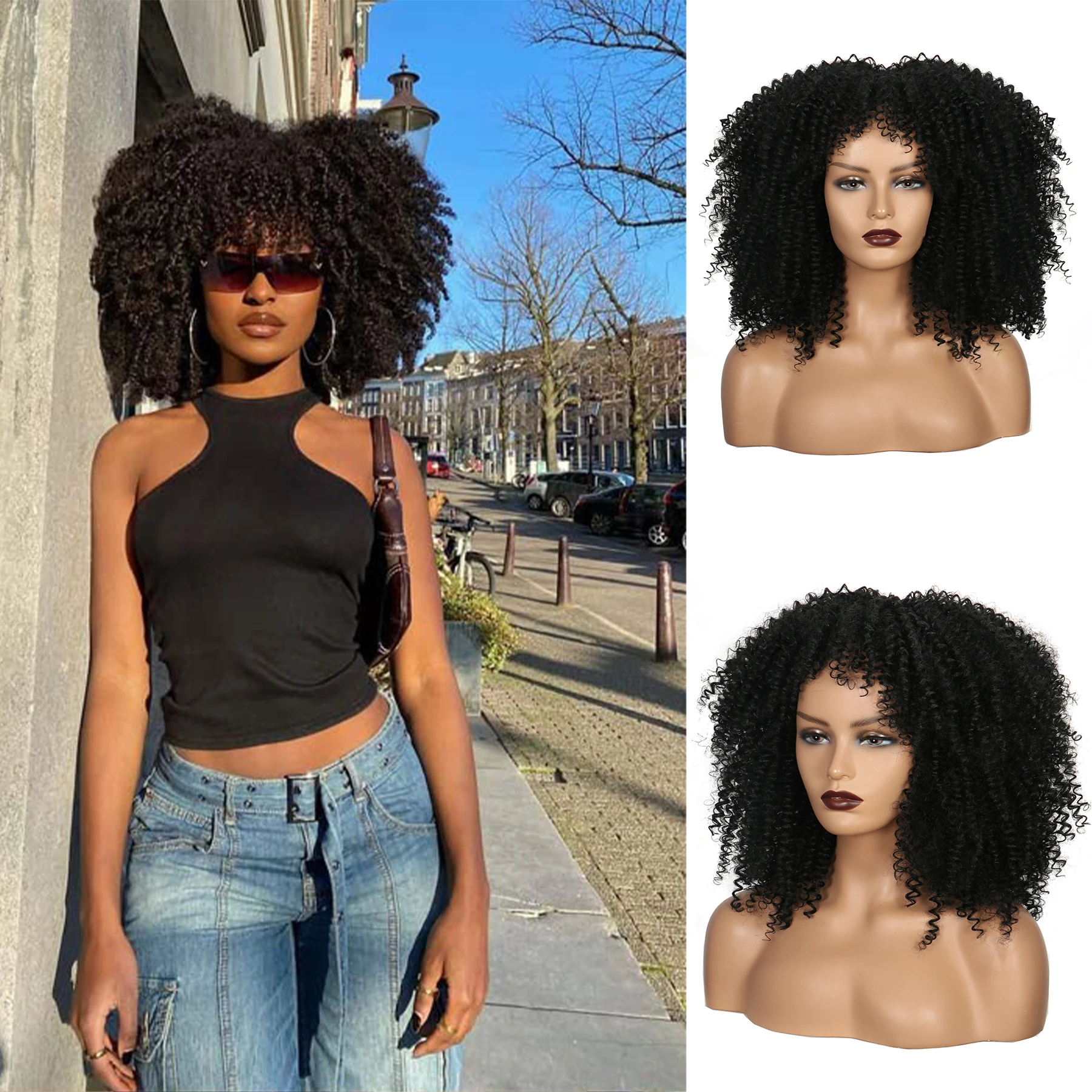 African synthetic fiber headband wig with small curls, high-temperature silk fluffy explosive hair, instant noodle full headband