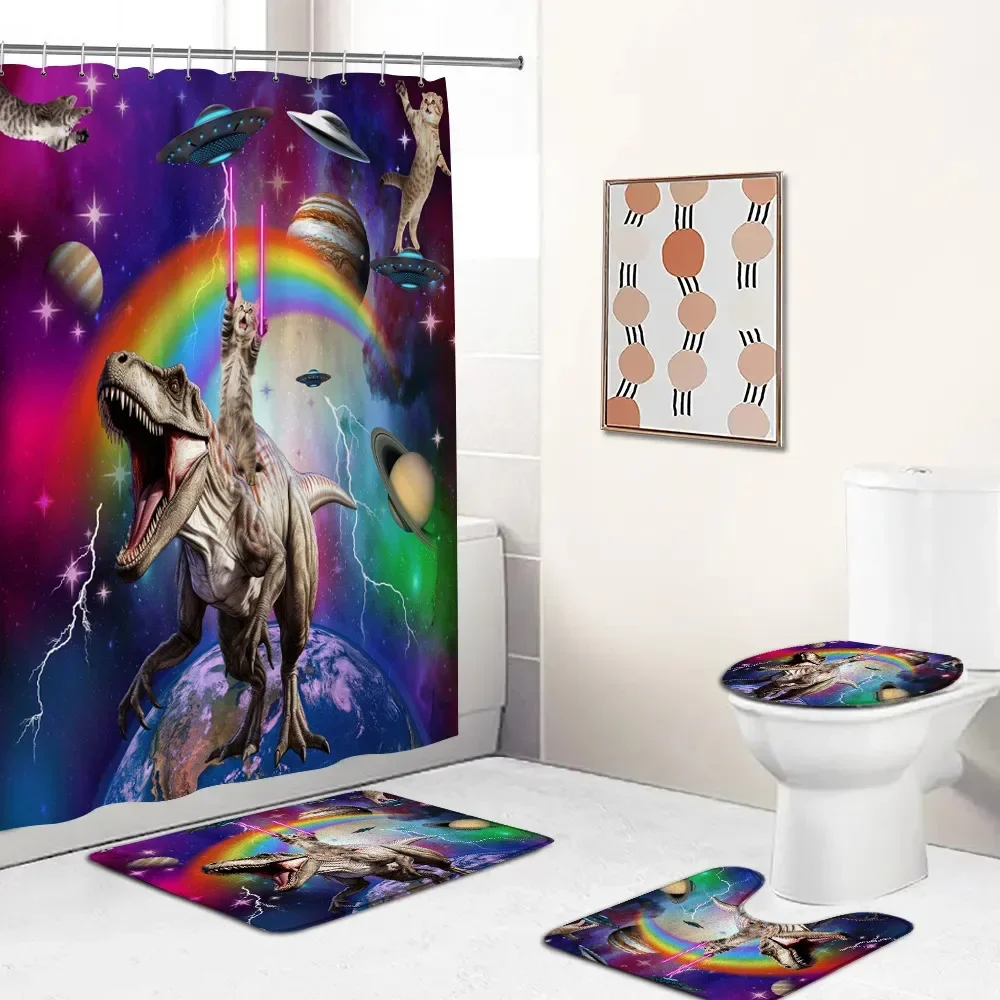 Funny Cat Shower Curtain Set Cat Riding Shark Dinosaur Space Planet Floral Polyester Bathtub Mat Home Carpet Toilet Lid Cover