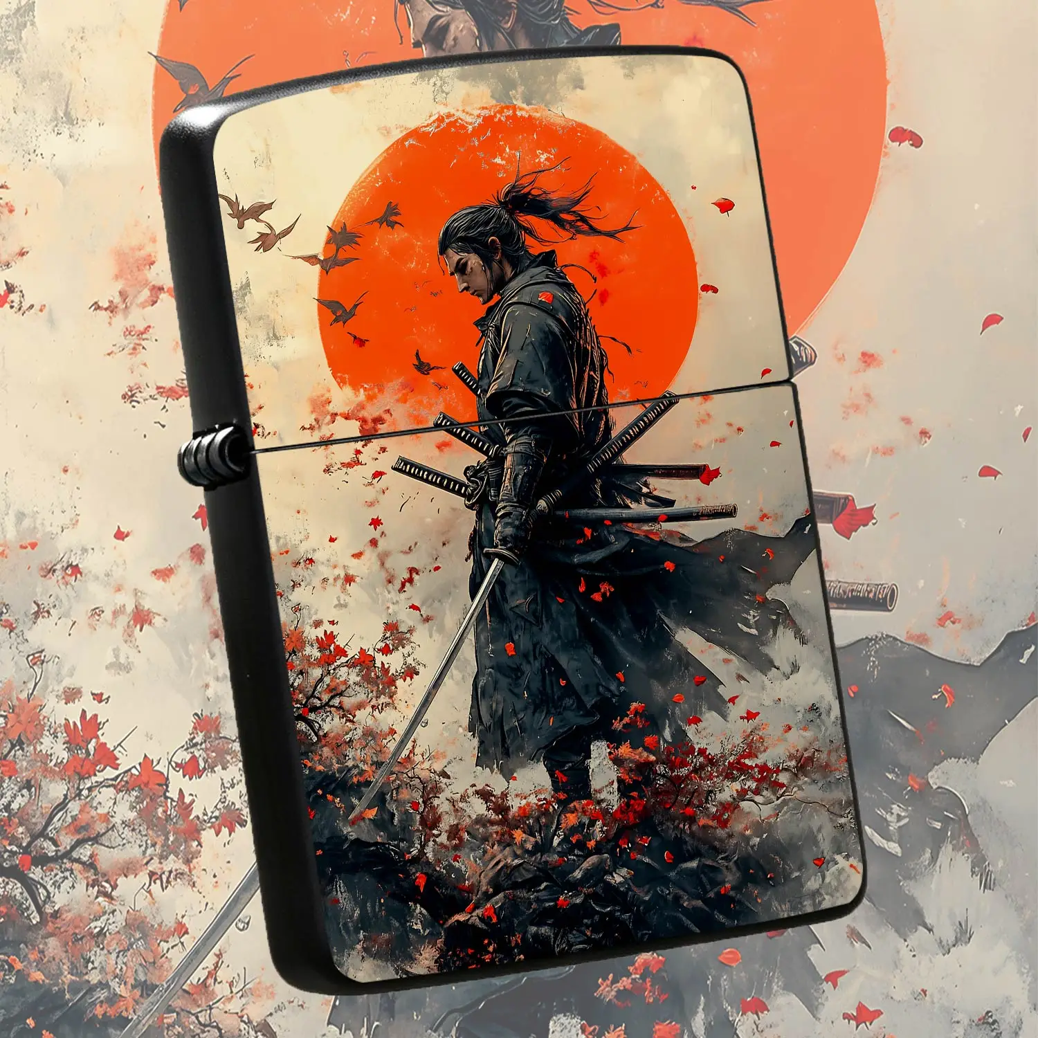 Ukiyo-E Style Samurai Sunset Portable Lighter, Vintage Red Maple Flying Bird Art Design, Exquisite Compact Pocket Tool For Daily Use, Outdoor Camping, Gifting To Art Lovers And Samurai Enthusiasts, Decorative Collectibl A Humorous And Inter