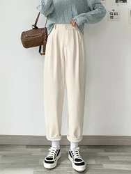 Zoki Elegant Retro Corduroy Pants Women Simple Loose Straight Trousers Korean High Waist Female Spring Solid Wide Leg Pants New