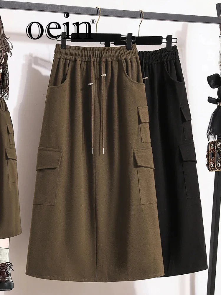 

[oein] Large Size 2023 Autumn And Winter Mid Length High Waist A-line Woolen Workwear Half Skirt For Women, Chubby MM Slit