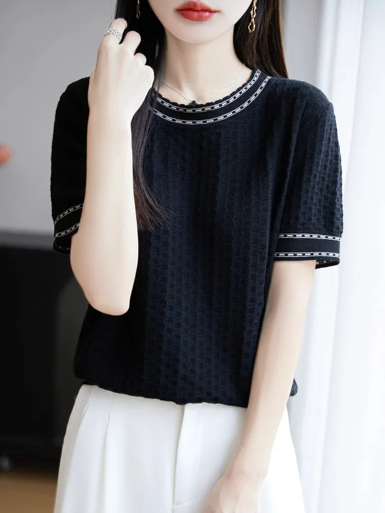 قميص نسائي قطني مريح وفضفاض بأكمام قصيرة وياقة مستديرة مع تصميم مفرغ من القطن الخالص #5