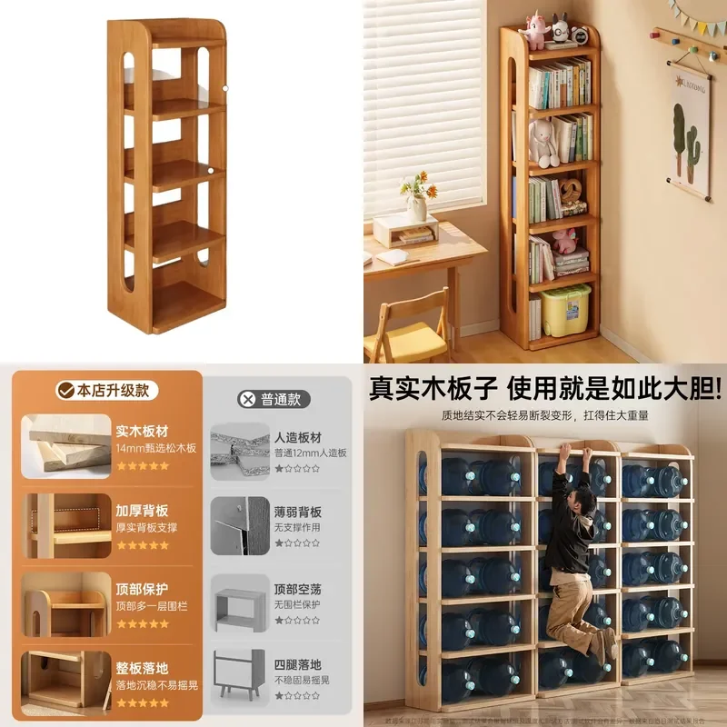 Solid Wood Floor to Ceiling Bookshelf Multi Layer Vertical Storage Rack for Living Room Study Wall Mounted Large Capacity