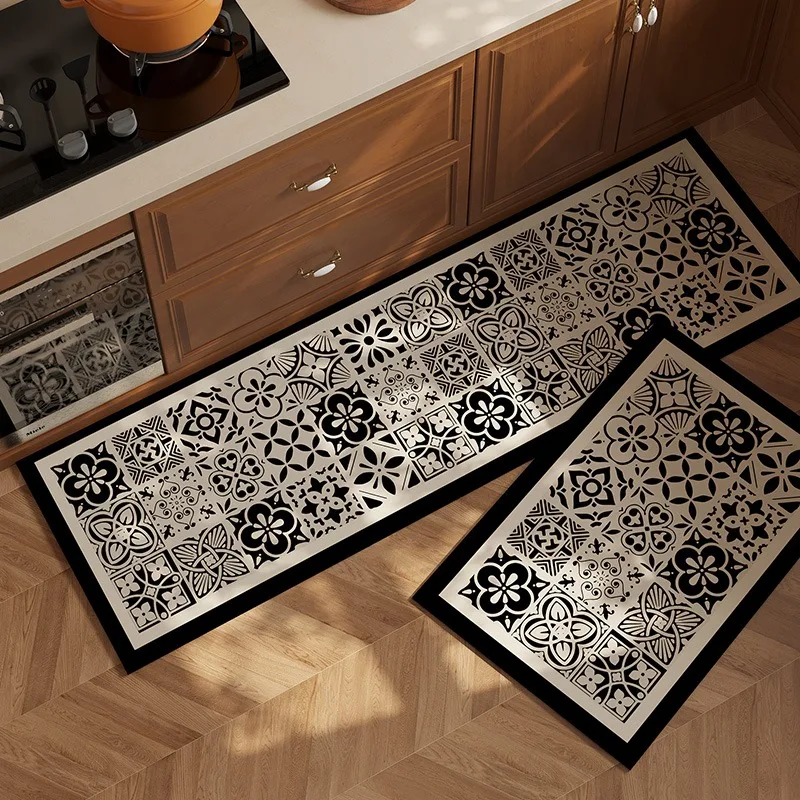 

PVC Kitchen Waterproof Carpet Black Carpets Leather Non-slip Rug Oil-proof Long Foot Mats American Retro Home Decoration Rugs